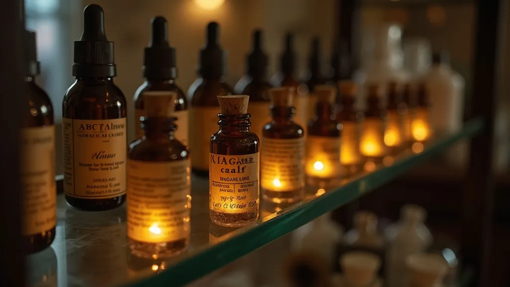 étagère d'apothicaire alignant fioles de baume d'arnica et huiles de soin a Nice