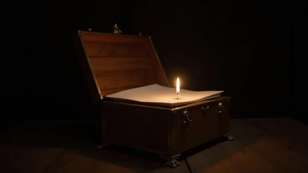 coffret de bois cerclé de laiton entrouvert sur des papiers pliés a Nice