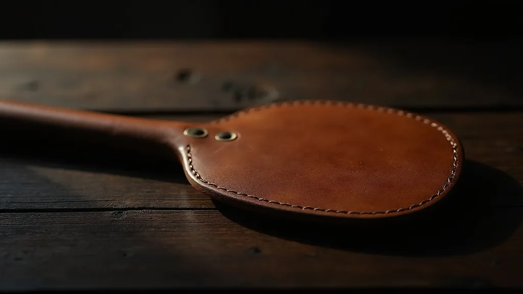 paddle de cuir aux coutures main pres d un faux colle qui se fend, sur chene sombre a Nice
