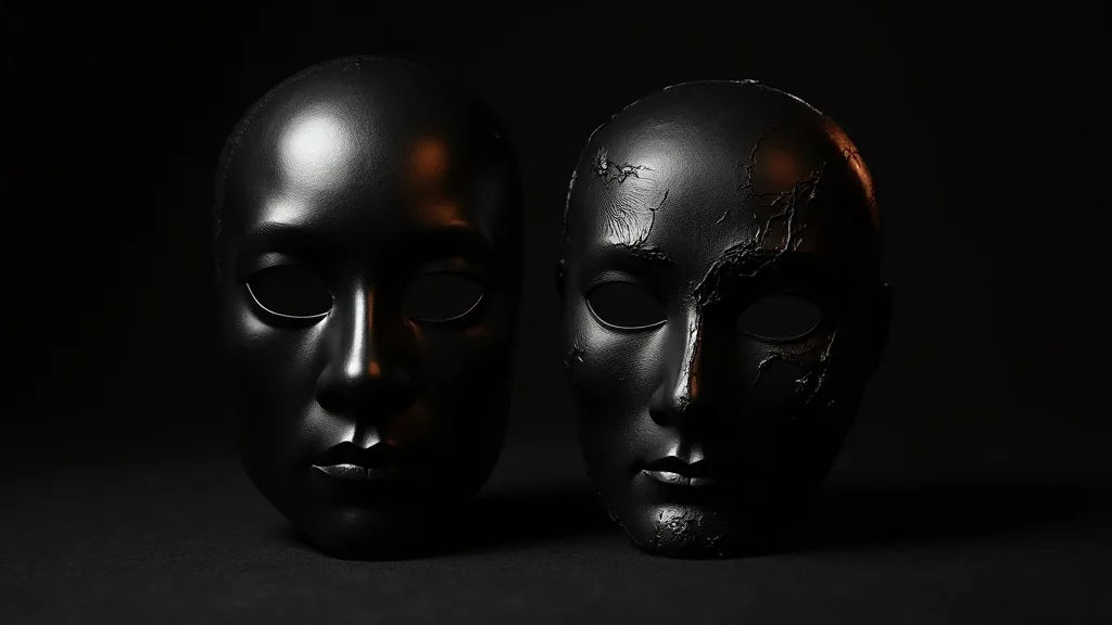 masque de cuir noir lustre pres d une imitation collee qui se decolle aux coutures a Nice